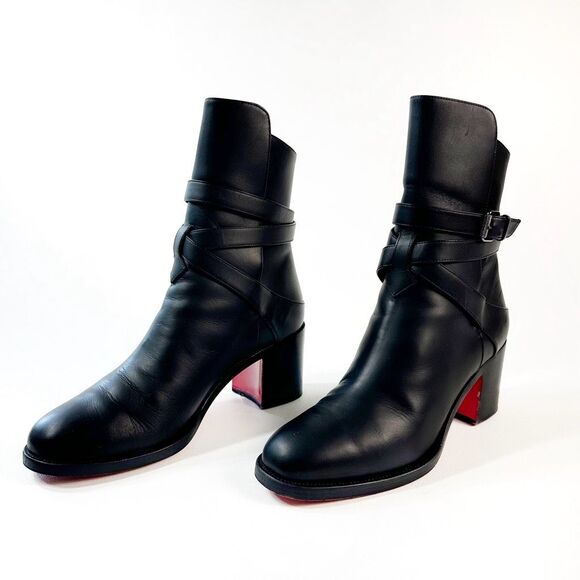 CHRISTIAN LOUBOUTIN Karistrap Black Ankle Boot Size 38.5 Block Heel Buckle Strap - Picture 13 of 14